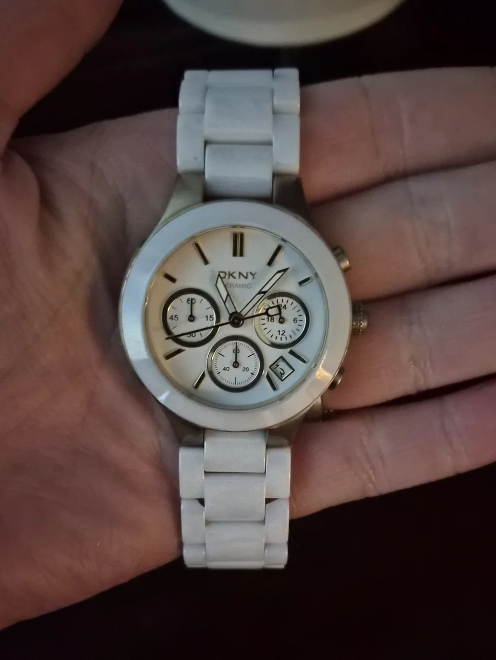 DKNY White Ceramic Chronograph Watch with Gold Accents